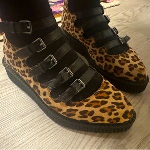 T.U.K Cheetah print faux suede multi strap Mary Jane creepers